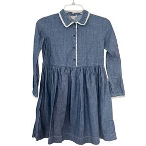 Bonpoint Girls Cotton Denim Peter Pan Collar Dress White Trim Long Sleeve 12